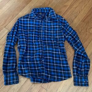 Men's Blue and Black Plaid Button-Down Shirt stretch large